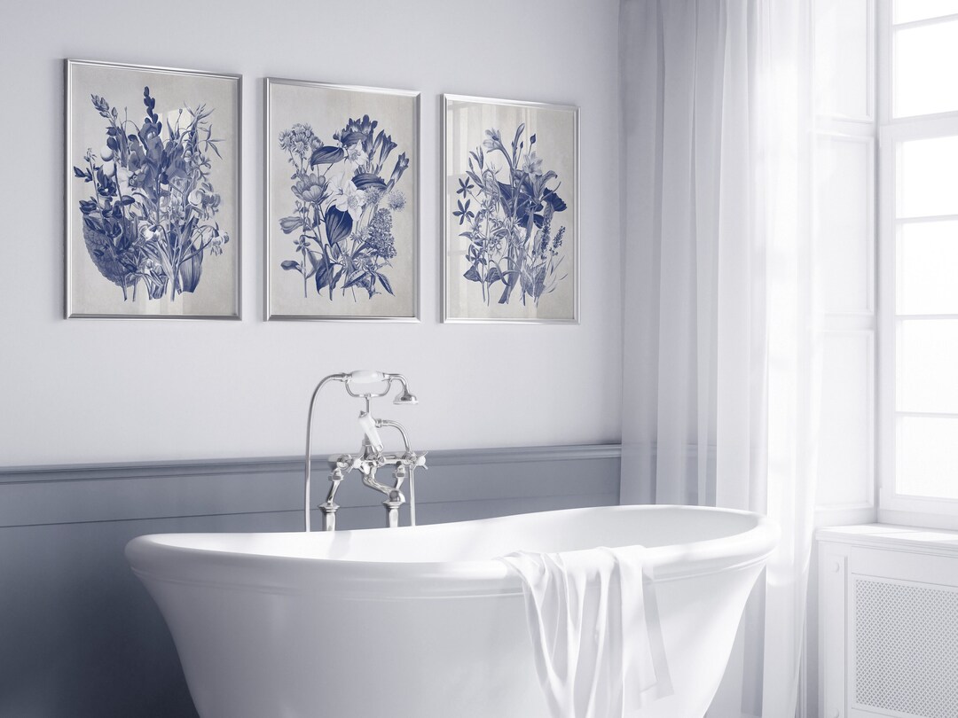 Set of 3 Vintage Navy Floral Bathroom Wall Art Bathroom Wall Decor Blue