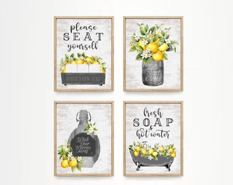 Lemon Bathroom Wall Art Set 4, Farmhouse Decor: Prints, Framed Prints, or Canvas Signs