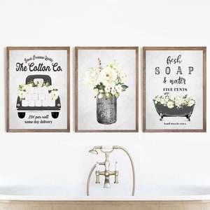 Black & White Bathroom Set of 3 Prints - Lettered & Lined