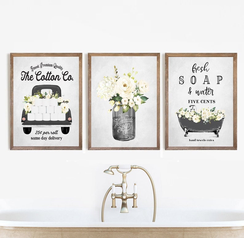 Black & White Bathroom Set of 3 Prints - Lettered & Lined