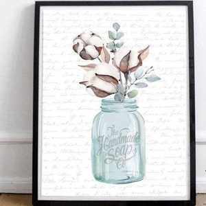 Cotton Eucalyptus Bouquet Bathroom Wall Art, Blue Jar | Bathroom Wall Decor | Blue Tan Farmhouse Decor | Print, Framed Print or Canvas Sign