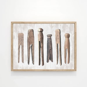 Vintage Wood Clothespins Horiz Laundry Wall Art | Laundry Wall Decor | Farmhouse Laundry Room | Print, Framed Print or Canvas Sign