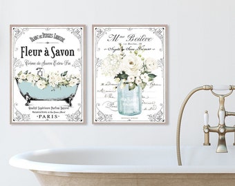Blauwe bloemen Franse badkamer muurkunst | Set van 2 wanddecoraties