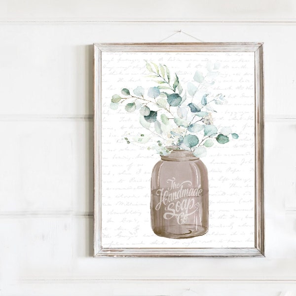 Eucalyptus Bouquet Natural Mason Jar Bathroom or Kitchen Wall Art, Green Tan Brown Bath Room Decor | Print, Framed Print or Canvas Sign