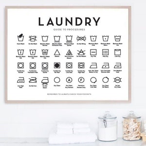 Laundry Room Decor Wall Art | Laundry Guide To Procedures Horiz | Clothing Symbols Farmhouse Laundry | Print, Framed Print or Canvas Sign
