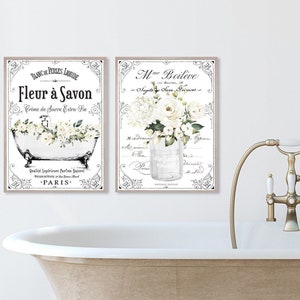 Set of 2 White Floral French Bathroom Wall Art | French Bathroom Wall Decor | Paris Parisian Farmhouse | Print, Framed Print or Canvas Sign
