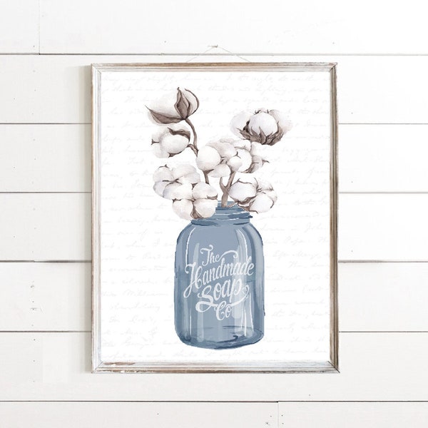 Cotton Stems Navy Mason Jar Bathroom or Kitchen Wall Art, Blue Tan Bouquet in Vase Bath Room Decor | Print, Framed Print, Canvas Sign