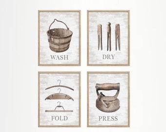 Set of 4 Laundry Wash Dry Fold Press Wall Decor | Laundry Wall Art | Farmhouse Laundry Room | Print, Framed Print or Canvas Sign