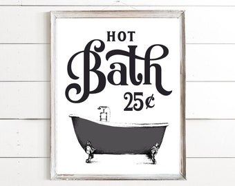 Hot Bath 25 Cents Black Bathtub Bathroom Wall Art | Clawfoot Tub Bathroom Wall Decor | Vintage Bathroom | Print, Framed Print or Canvas Sign
