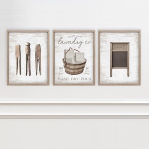 Laundry Wall Decor Art | Laundry Co Soap Clothespins Washboard Wash Dry Set of 3 | Farmhouse Laundry Room | Print, Framed Print, Canvas Sign