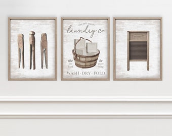 Set of 3 Laundry Co Soap Clothespins Wash Dry Washboard Wall Decor | Laundry Wall Art | Laundry Sign | Print, Framed Print or Canvas Sign