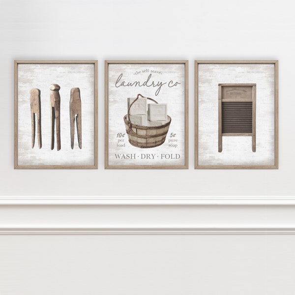 Set of 3 Laundry Co Soap Clothespins Wash Dry Washboard Wall Decor | Laundry Wall Art | Laundry Sign | Print, Framed Print or Canvas Sign