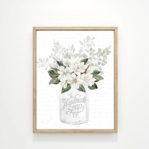 Magnolia Bouquet White Mason Jar Bathroom or Kitchen Wall Art, Flower Floral Bath Room Handmade Decor | Print, Framed Print or Canvas Sign