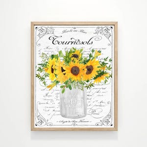 French Wall Art, Parisian Sunflowers French Country Kitchen Bathroom Decor Sign, Natural Botanical Paris Vintage Painting Fleurs Print Frame