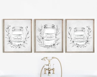 Set of 3 Relax Soak Unwind Jars Bathroom Wall Art | Modern Bathroom Wall Decor | Spa Decor |  Print, Framed Print or Canvas Sign