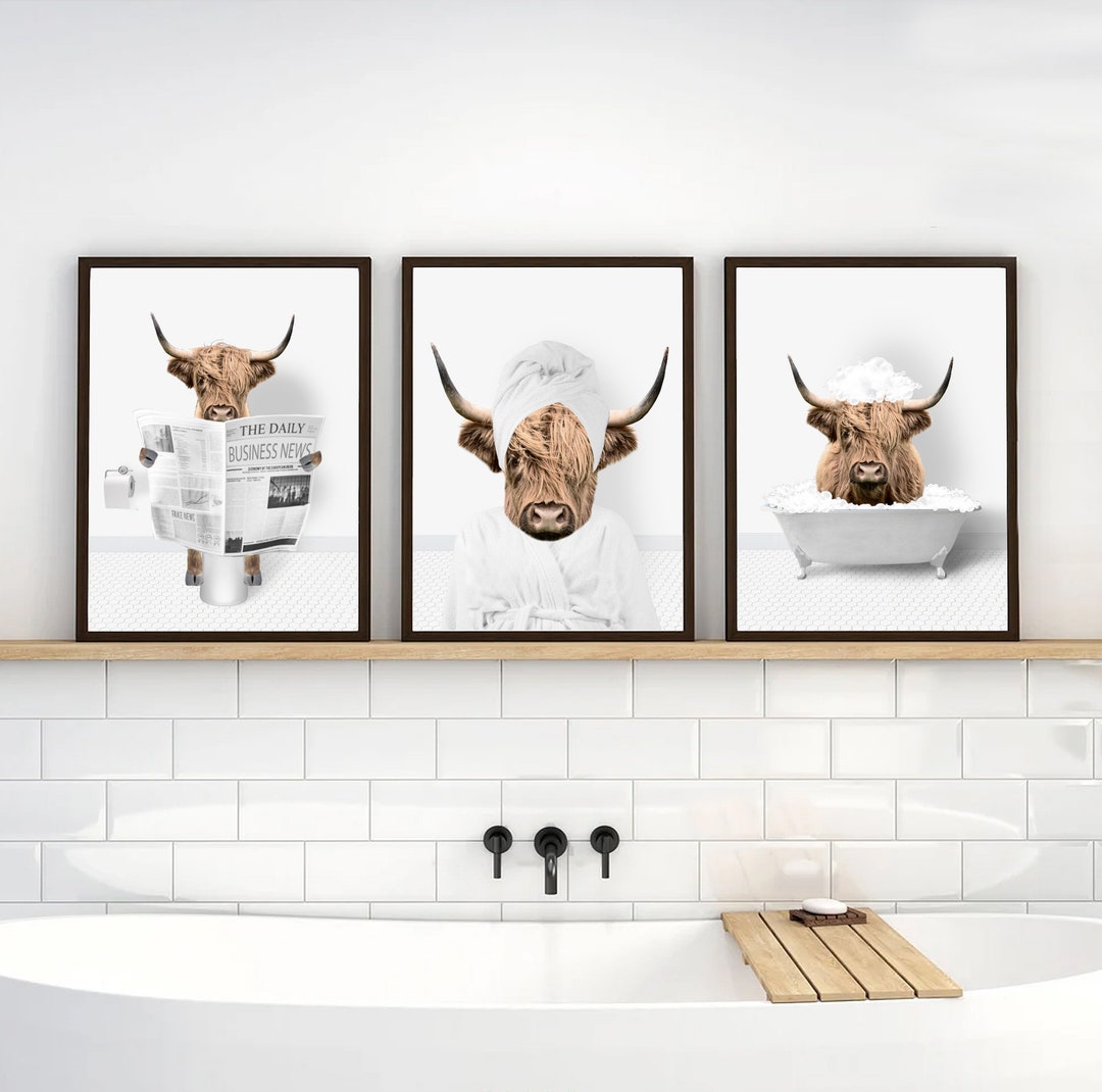 Highland Cow Bathroom Wall Art: Funny Animal Wall Decor Set - Etsy