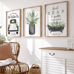 Set med 3 väggkonstmotiv i lantlig stil med botaniska motiv | Grönska, dekoration för toaletten bild 2