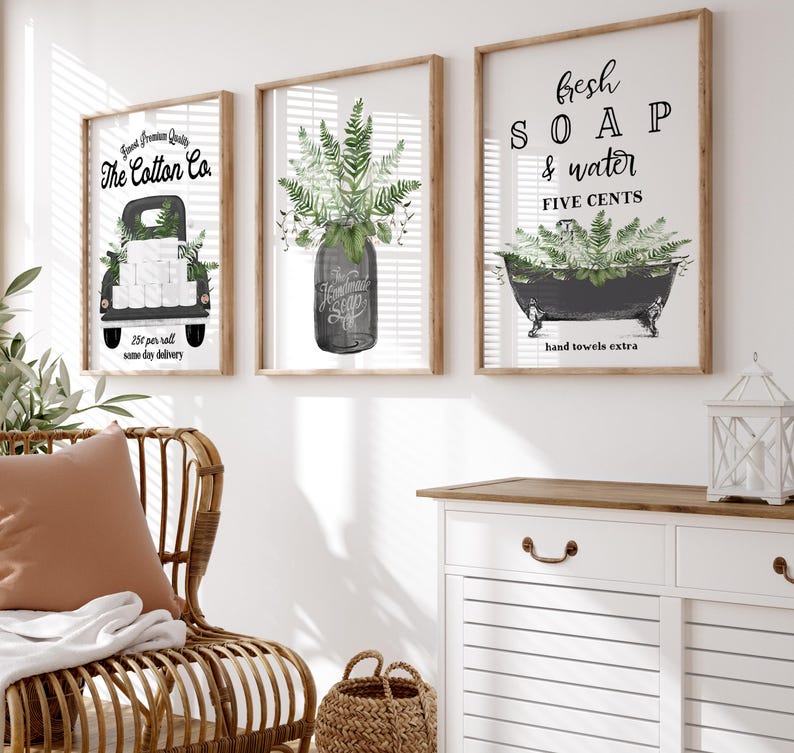 Set med 3 väggkonstmotiv i lantlig stil med botaniska motiv | Grönska, dekoration för toaletten bild 2
