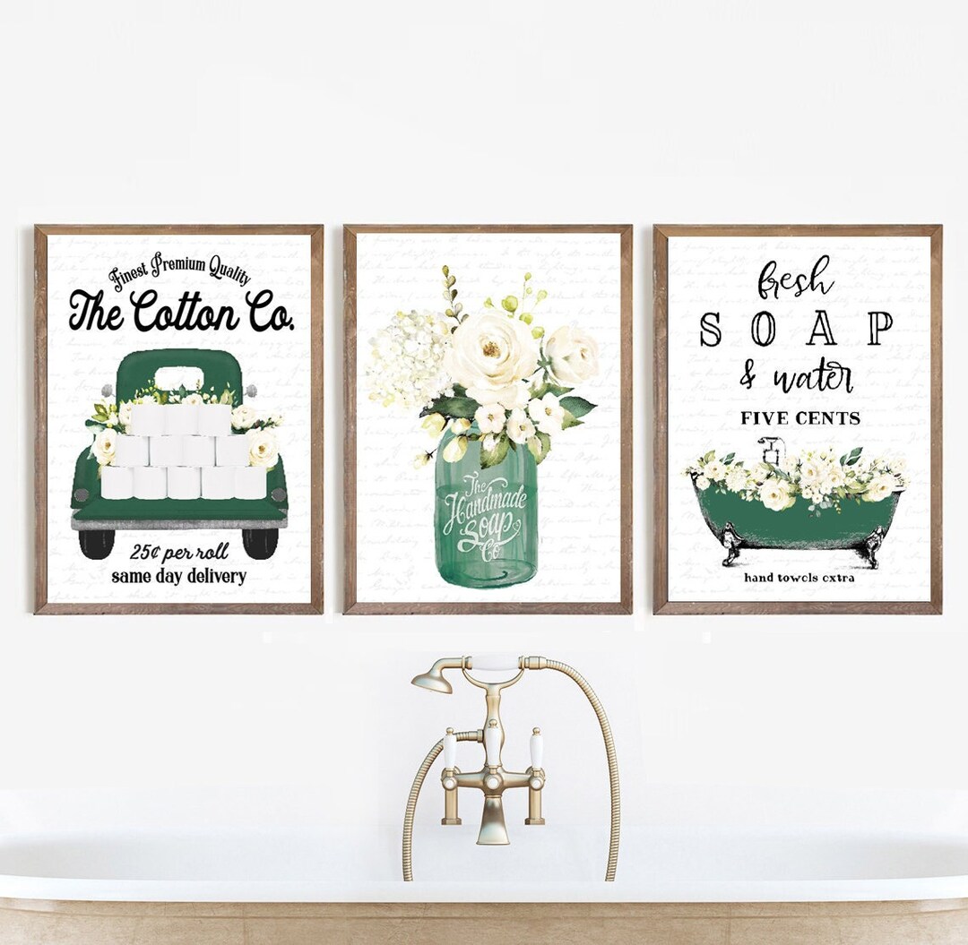 Set of 3 Bathroom Wall Art Emerald Green Floral Cotton Co Bathroom Wall ...