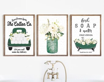 Set of 3 Bathroom Wall Art Emerald Green Floral Cotton Co Bathroom Wall Decor | Farmhouse Bathroom Art | Print, Framed Print or Canvas Sign