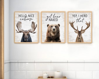 Funny Woodland Animal Wall Art | Moose, Bear, Deer | Rustic Cabin Bathroom Decor