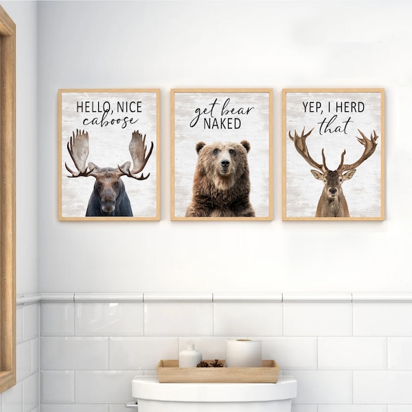 Funny Woodland Animal Wall Art | Moose, Bear, Deer | Rustic Cabin Bathroom Decor