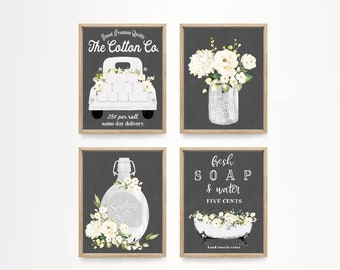 Floral Bathroom Wall Art: Farmhouse Decor, Set of 4