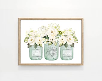 Floral Trio Bouquet Sage Mason Jar Bathroom Wall Art (Print, Framed Print, Canvas)