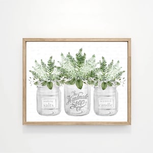 Bathroom Wall Art Custom Decor, Green Fern Bouquet Trio White Jars Sign, Relax Soak Unwind Print Framing, Original Art by Lettered & Lined