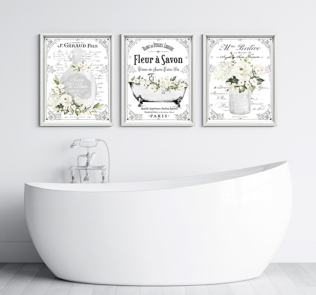 French Bathroom Art | White Floral French Bathroom Wall Art Set of 3 ...