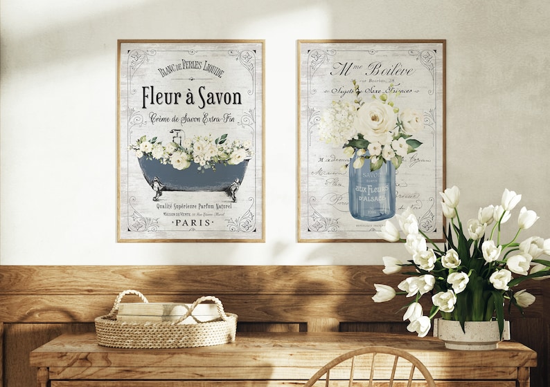 Set of 2 Navy Floral French Bathroom Wall Art French Bathroom Wall Decor Paris Parisian Farmhouse Print, Framed Print or Canvas Sign image 1