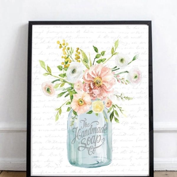 Blue Mason Jar Pastel Floral Bathroom or Kitchen Wall Art | Bouquet Flowers Kitchen Bathroom Wall Decor | Print, Framed Print or Canvas Sign