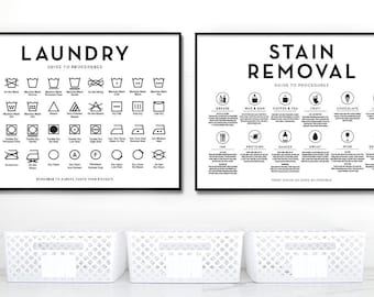 Laundry Wall Decor Art | Set of 2 Laundry Symbols Stain Removal HORIZ | Unique Country Farmhouse Laundry | Print, Framed Print, Canvas Sign