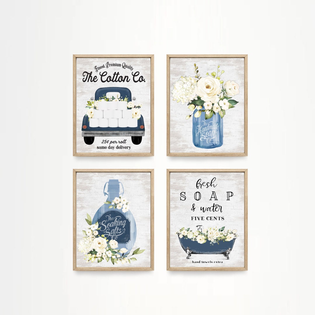 Set of 4 NAVY Bathroom Wall Art the Cotton Co Truck Custom Bathroom