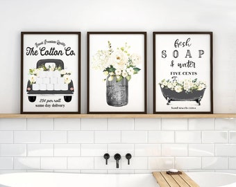 Set of 3 Bathroom Wall Decor Black Cotton Co Truck Bathroom Wall Art | Vintage Farmhouse Bathroom Decor | Print, Framed Print or Canvas Sign