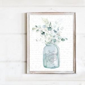Eucalyptus Bouquet Bathroom Wall Art, Blue Jar | Bathroom Wall Decor | Blue Green Kitchen Decor | Print, Framed Print or Canvas Sign