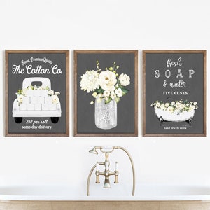 Set of 3 Bathroom Wall Decor White Cotton Co Truck Bathroom Wall Art | Farmhouse Bathroom Decor | Print, Framed Print or Canvas Sign