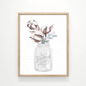 Cotton Eucalyptus Bouquet White Mason Bathroom Kitchen Wall Art | Charming Canvas Sign | Guest Bath Room Decor Accent | Shelf Wall Hanging