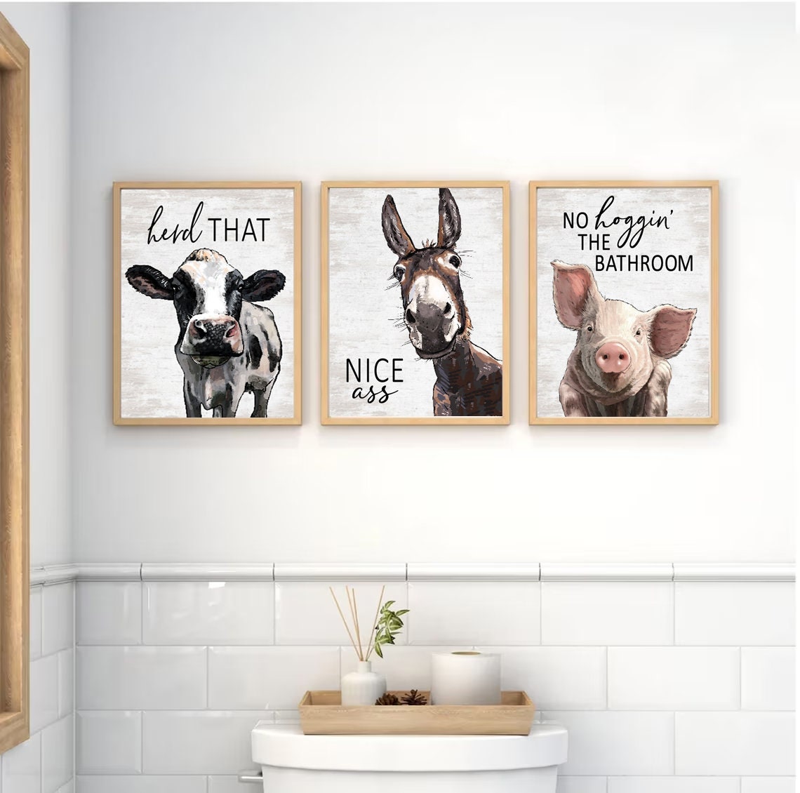 Set of 3 Bathroom Art Cow Donkey Pig Bathroom Wall Decor | Funny Bathroom Animals | Farmhouse Bathroom | Print, Framed Print or Canvas Sign