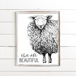 Ewe Are Beautiful Sheep Illustration Bathroom Wall Art | Girls Bathroom Wall Decor | You Are Beautiful | Print, Framed Print or Canvas Sign