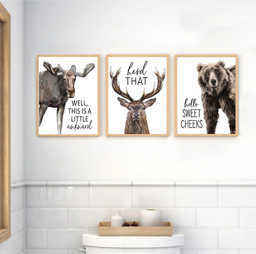 Set of 3 Custom Bathroom Art Funny Moose, Bear & Deer Bathroom Wall