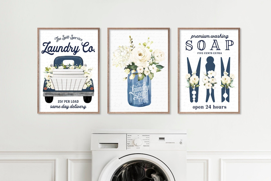 Laundry Room Wall Decor Art | Navy Blue Laundry Co Set of 3 | Original ...