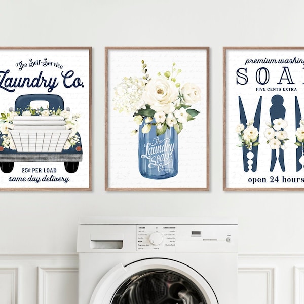 Navy Blue Laundry Room Art | Farmhouse Decor, Set of 3