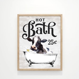 Hot Bath 25 Cents Watercolor Cow Bathtub Bathroom Wall Art | Funny Bathroom Wall Decor | Animal Tub | Print, Framed Print, Canvas Sign