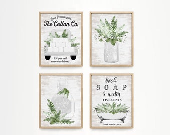 Set of 4 White Greenery Bathroom Wall Art Cotton Co Bathroom Wall Decor | Green Bathroom Decor | Print, Framed Print or Canvas Sign