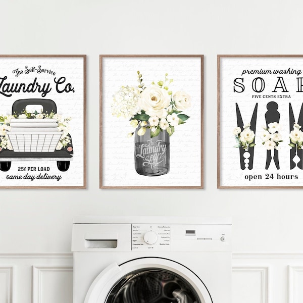 Laundry Wall Decor | Laundry Co Truck Clothespin BLACK Set of 3 | Chic Vintage Farmhouse Laundry Room Art | Print, Framed Print, Canvas Sign