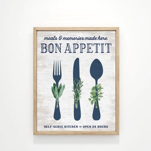Bon Appetit Navy Blue Kitchen Wall Art | Utensils Silverware Herbs Fork Spoon Farmhouse Wall Decor | Print, Framed Print or Canvas Sign