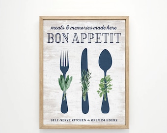 Bon Appetit Kitchen Wall Art | Navy Blue Utensils Print/Framed Print/Canvas Sign