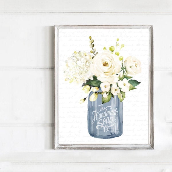 White Floral Bouquet Navy Mason Jar Bathroom or Kitchen Wall Art, Blue Flower in Vase Bath Room Decor | Print, Framed Print or Canvas Sign