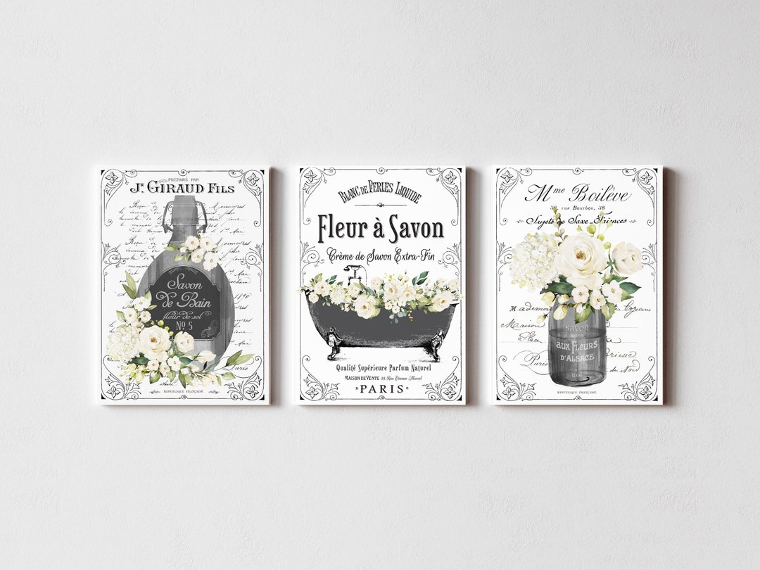 French Bathroom Art | BLACK White Floral French Bathroom Wall Art Set ...
